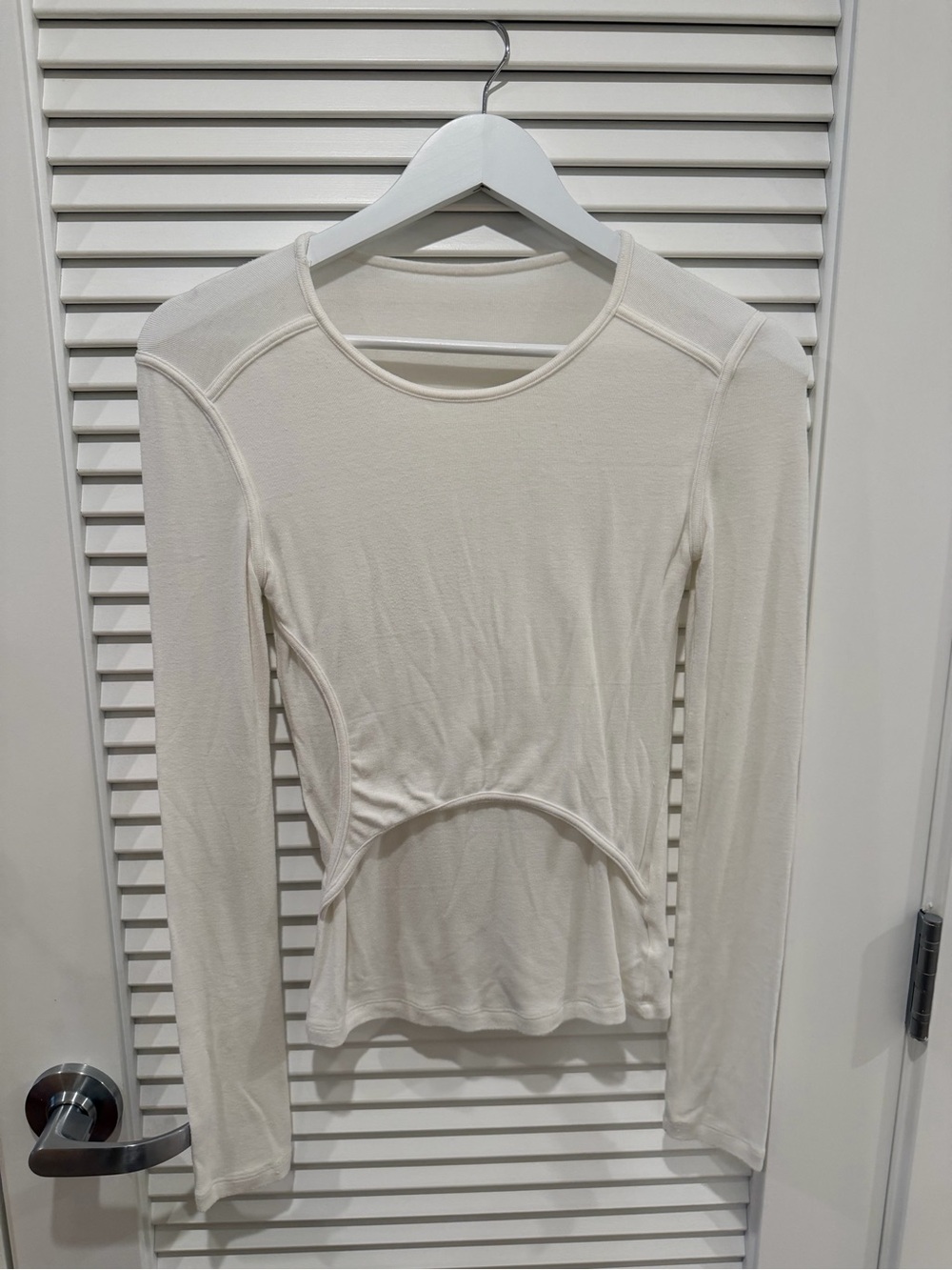 Ivory Fitted Long Sleeve Top Curved Waist Detail